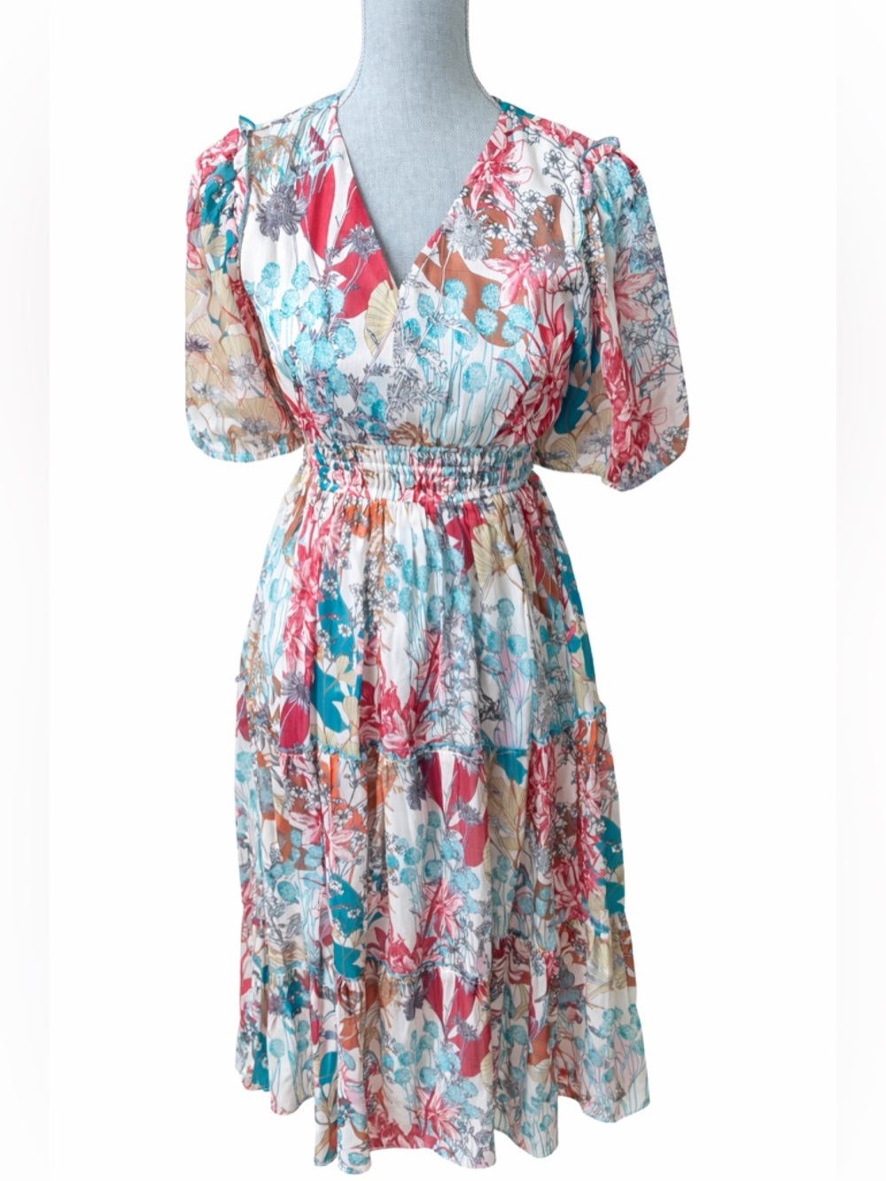 Ritu Kumar Aarke Floral Boho Midi Dress Smocked Waist Size S Like New